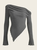 Women Solid Autumn Winter Grunge Asymmetrical Neck Rib-knit Tee Strapless Blouse Long Sleeve Casual Sweater Handkerchief Hem LANFUBEISI