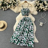 YuooMuoo Women Dress Set 2023 New Summer Vacation Fashion Floral Print Straps Crop Tops + Long Skirts Outfits Beach 2Pcs Suits LANFUBEISI