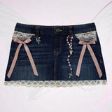 Y2k Denim Skirt Womens Harajuku Gothic Lace Sexy Retro Blue Mini Skirt Pleated A Line Hot Girl High Waist Slim Mini Short Skirt LANFUBEISI