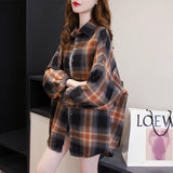 Plaid Shirt Women Autumn Long Sleeve Top Female Vintage Fashion Single Breasted Blouse Ladies Preppy Style Loose Check Shirts LANFUBEISI