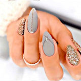 24Pcs Almond False Nails with Rhinestone Long Stiletto Fake Nails Gold Glitter Powder Design Press on Nails Full Cover Nail Tips LANFUBEISI