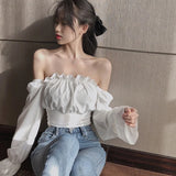 Women's Sexy Slim Bandage Long Sleeve Shirt Blouses Slash Neck Autumn Puff Sleeve LANFUBEISI