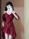 New Red French Elegant Y2k Mini Dress Even Party Short Sleeve Woman Vintage One Piece Dress Korean 90s Fashion Summer Chics LANFUBEISI