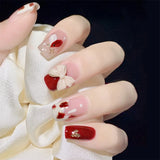 24Ps/Set Medium Long French Fake Nails Bow Japan Nude Pink with Pearls Artificial Acrylic Press on Nails Removable Stick on Nail LANFUBEISI