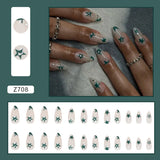 24Pcs Cool y2k False Nails Green Star Printed Design Almond Fake Nail Patch for Girl Wearable Ins Artificial nails Free Shipping LANFUBEISI