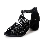 New Style Women Summer Rhinestone Hollow Out Faux Leather Thick Heel Zipper Sandals Shoes 2023 Sexy Plus Size Ladies Sandals LANFUBEISI