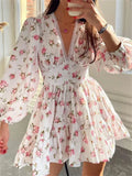 CHRONSTYLE Elegant Women Floral Print Short Mini Dress Long Lantern Sleeve Deep V Neck High Waist A-Line Dresses Female Vestidos LANFUBEISI