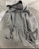 Gray Loose Hood Sweater Women Autumn Winter Fashion Korean Thickened Knitted Tops Double Zipper Hoodie Cardigan Female Y2K Coats LANFUBEISI