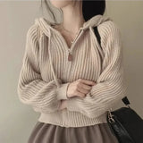 Women Long Sleeve Sweater Korean Style Casual Outerwear Woman Fashion Chic Zip Up Cardigan Knit Top Female Hooded Jumper LANFUBEISI