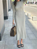 Fall Casual Knit Ribbed Bodycon Long Dress Simple Style Solid Color Long Sleeve O Neck Wrapped Pencil Dress Street Party LANFUBEISI