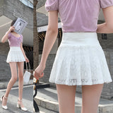 A Line Mini Skirt New Ultra-short Mini Pants Elastic Waist Joker Lace Pleated  Sexy  Fashion Black White Skirt LANFUBEISI