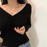 Zoki Sexy V Neck Women Sweater Autumn Knitted Pullover Jumper Chic Soft Korean Slim Long Sleeve Female Basic Top New LANFUBEISI