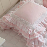 Pink European embroidered cushion cover ruffle Lace Satin cotton pillow cover handmade elegant bedding pillowcase sofa cushion LANFUBEISI