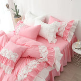 LANFUBEISI Lace Flowers Embroidery Bedding Set Cotton Pink Princess Duvet Cover Bedspread Bed Skirt Pillowcases Solid Color Home Textile LANFUBEISI