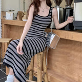 Women Retro Stripe Knitted Dress Sleeveless Slim Dresses Bodycon Korean Dresss LANFUBEISI