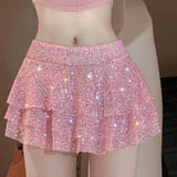 LANFUBEISI 2024 Spring Summer Women Pink Sequin Multi Layered Ruffle Edge Ultra Short Skirt Sexy Spicy Girl Mid Rise Mini Skirts Clubwear