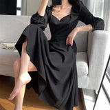 LANFUBEISI Black Dress Women's Autumn New Black Long Sleeve Dress Hepburn Style V-neck Ankle-length Retro Korean Style Long Black Dress