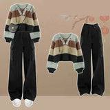 LANFUBEISI Autumn and Winter Women's Set New Korean Striped Knitted Sweater Women's Slim and Versatile Workwear Pants Two Piece Set