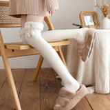 Japanese Vertical Stripe Plush Stockings Autumn Winter Cute Tights Kawaii Lamb Fur Wool Ball Calf Socks Lolita Knee High Socks LANFUBEISI