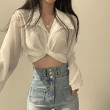 LANFUBEISI Vintage Streetwear Harajuku Sexy Women Blouse Crop Top Korean Style Trends Black White Long Sleeve Shirt Female Tunic Chic