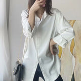 Button Up Satin Silk Shirt Vintage Blouse Spring Fashion Women Korean Tops Lady Long Sleeves Loose Street Shirts Blusas LANFUBEISI