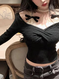 Spring Knitted Sweater Women Bow Fake Two Pieces Long Sleeve Slim Pullovers Black Chic Gothic Korean 2000s Vintage Y2k Clothing LANFUBEISI