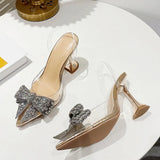 Liyke Fashion Crystal Sequined Bowknot Women Pumps Sexy Pointed Toe High Heels Wedding Prom Shoes Ladies PVC Transparent Sandals LANFUBEISI