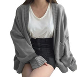 2023 Autumn Women's Sweater Fashion V-neck Vintage Knitted Cardigan Korean Loose Solid Sweaters Female LANFUBEISI