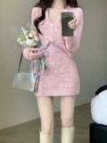 Two Piece Dress Set Sweet Cardigan Sweater + Slim Skirt Pink Elegant Y2k Mini Dress 2022 Autumn Office Lady Casual Knitted Suits LANFUBEISI