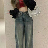 Vintage Blue Wide Leg Jeans for Women Y2K High Street Loose Denim Straight Trousers Woman Korean High Waist Baggy Pants LANFUBEISI