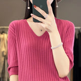 Women Sweater Short Sleeve V-neck Stripe Knitwears Slim Fit Shirt Korean Fashion Pullovers Thin Knit Tops Bottoming Shirts LANFUBEISI