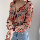 Women's Chiffon Shirt Floral Print V-Neck Long Sleeve Fashion Cozy Loose Blouse LANFUBEISI