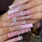 24Pcs Long Ballet False Nails with Bow Designs Pink Coffin Press on Nails Wearable French Fake Nail Full Cover Manicure Tips LANFUBEISI