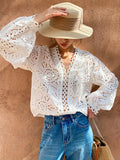 LANFUBEISI France Elegant Chic Shirt Blouse Floral Embroidery White Cotton Hollow Out Sexy Long Sleeve Women Holiday Ladies Tops