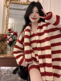 Furry Chic Winter Pullovers Women Red Striped Sweet Soft Knitted Girls Classic Basic Vintage Sweaters All-match O-neck Aesthetic LANFUBEISI