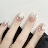 24Ps/Set Medium Long French Fake Nails Bow Japan Nude Pink with Pearls Artificial Acrylic Press on Nails Removable Stick on Nail LANFUBEISI