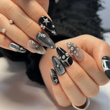 Wearable Silver Stripes Y2k False Nails Long Almond Round Fashion Nail Tips Press On With Silver Beads Designs Fake Nails Art LANFUBEISI