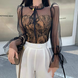 Spring Summer Chic Mesh Patchwork Blouse For Women Streetwear Long Sleeve O Neck Lace Crop Shirt Top Lady Slim Blouse LANFUBEISI