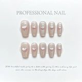 10Pcs Shiny Handmade Press On Nails Short Ballerina Artificial Full Cover Cat Eye Rose Design Fake Nails Wearable Manicure Nails LANFUBEISI