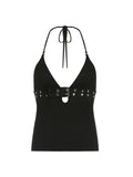 LANFUBEISI Backless Eyelet Buckle Lace-Up V Neck Halter Crop Vest Top Women Punk Style Gothic Streetwear