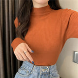 Jocoo Jolee 2023 Autumn Basic Bottoming Sweater Top Women Ribbed Soft Mock Neck Elastic Pullover Warm Solid Color Slim Jumper LANFUBEISI