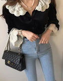 Autumn Velvet Shirts Tops Women Lace Patchwork Fashion Ruffle Long Sleeve Ladies Blouses Vintage Korean Loose Woman Shirt LANFUBEISI