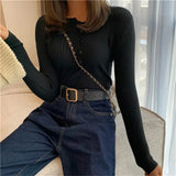 Women Sweaters Cute Button Up O-Neck Long Sleeve Pullovers Autumn Knitted Bottoming Shirts Korean Single Breasted Undercoat Tops LANFUBEISI