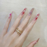 24Ps/Set Medium Long French Fake Nails Bow Japan Nude Pink with Pearls Artificial Acrylic Press on Nails Removable Stick on Nail LANFUBEISI