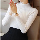 EVNISI Autumn Women Mock Neck Ruffles Sweater Long Sleeve Knitted Bottoming Solid Pullovers Stripe Women Casual Sweater Winter LANFUBEISI