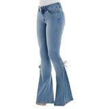 运费11 Mid Waisted Stretch Flare Jeans Women Denim Pants Wide Leg Butt-lifted Casual Korean Style Skinny Bell Bottom Pocket Trousers LANFUBEISI