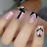 24Pcs Short Square Coffin False Nails Fake Nail with Glue French Glitter Wearable Ballet Design Nails Set Press on Nail Tips LANFUBEISI