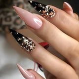 24Pcs Almond False Nails with Rhinestone Long Stiletto Fake Nails Gold Glitter Powder Design Press on Nails Full Cover Nail Tips LANFUBEISI