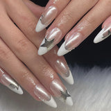 Wearable Silver Stripes Y2k False Nails Long Almond Round Fashion Nail Tips Press On With Silver Beads Designs Fake Nails Art LANFUBEISI