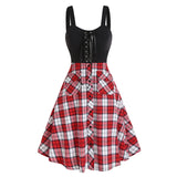 Women's Colorblock Dress Plaid Print Panel Lace Up Front Pocket High Waisted A Line Dress Sleeveless Christmas Dresses LANFUBEISI